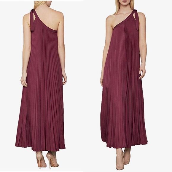 BCBGMAXAZRIA Boho Pleated Strapless Tie-Shoulder Maxi Dress Burgundy Merlot S - Picture 2 of 5